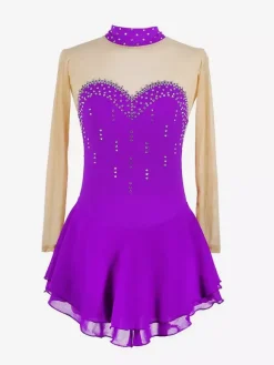 Purple Skating Dress Sweetheart Rhinestone Nuded Long Sleeves Ice Skater Dress For Women And Girls