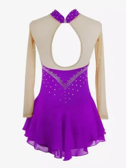 Purple Skating Dress Sweetheart Rhinestone Nuded Long Sleeves Ice Skater Dress For Women And Girls