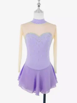 Purple Skating Dress Sweetheart Rhinestone Nuded Long Sleeves Ice Skater Dress For Women And Girls