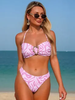 Push Up Bikini Set For Women - Zebra Print Ring Front Bandeau Top & High Cut Bottom 2 Piece Swimsuit - Summer Beach 2026