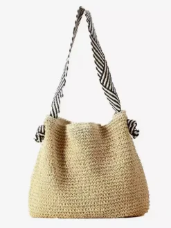 Raffia Woven Tote Bag Striped Fabric Shoulder Strap Large Capacity Summer Beach Vacation Handbag