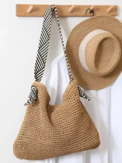 Raffia Woven Tote Bag Striped Fabric Shoulder Strap Large Capacity Summer Beach Vacation Handbag