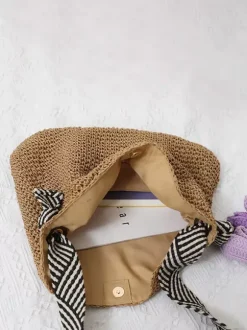 Raffia Woven Tote Bag Striped Fabric Shoulder Strap Large Capacity Summer Beach Vacation Handbag