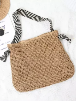Raffia Woven Tote Bag Striped Fabric Shoulder Strap Large Capacity Summer Beach Vacation Handbag