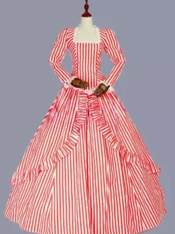 Red Retro Tudor Dress Costumes Ruffles Polyester Marie Antoinette Costume Stripes Dress Women's Retro Tunic Party Prom Dress