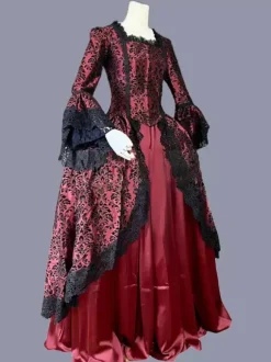Red Retro Tudor Dress Costumes Ruffles Polyester Marie Antoinette Costume Floral Print Dress Women's Retro Tunic Party Prom Dress Burgundy