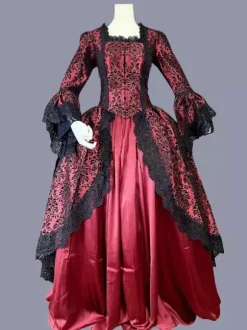Red Retro Tudor Dress Costumes Ruffles Polyester Marie Antoinette Costume Floral Print Dress Women's Retro Tunic Party Prom Dress Burgundy