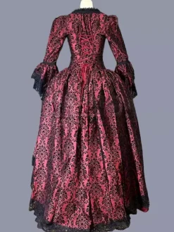 Red Retro Tudor Dress Costumes Ruffles Polyester Marie Antoinette Costume Floral Print Dress Women's Retro Tunic Party Prom Dress Burgundy