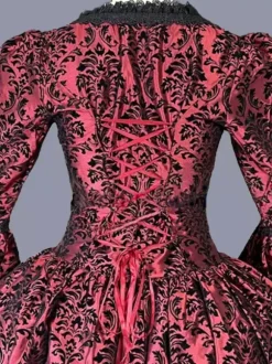 Red Retro Tudor Dress Costumes Ruffles Polyester Marie Antoinette Costume Floral Print Dress Women's Retro Tunic Party Prom Dress Burgundy