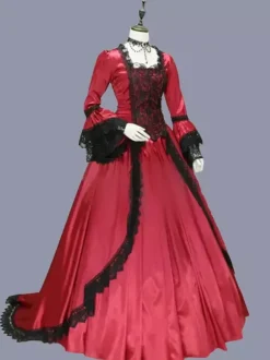 Red Retro Tudor Dress Costumes Women's Marie Antoinette Costume Lace Ruffles Polyester Tunic Dress Retro Party Prom Dress Burgundy