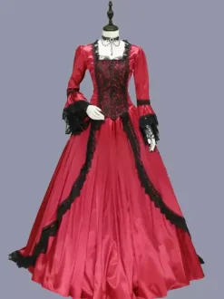 Red Retro Tudor Dress Costumes Women's Marie Antoinette Costume Lace Ruffles Polyester Tunic Dress Retro Party Prom Dress Burgundy