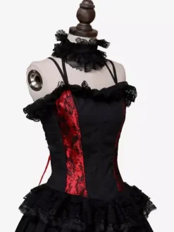 Red Retro Tudor Dress Costumes Ruffles Polyester Choker Women's Retro Tunic Marie Antoinette Costume 18th Century Costume Burgundy