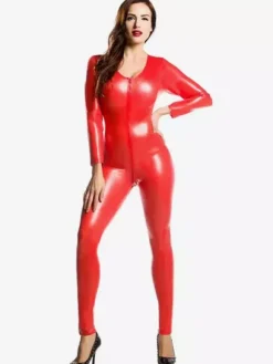 Red Adults Bodysuit Low Cut Sexy Shiny Metallic Catsuit for Women
