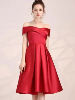 Red Cocktail Dress 2026 Satin Off Shoulder Knee Length Formal Party Dresses Free Customization