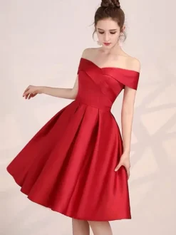 Red Cocktail Dress 2026 Satin Off Shoulder Knee Length Formal Party Dresses Free Customization