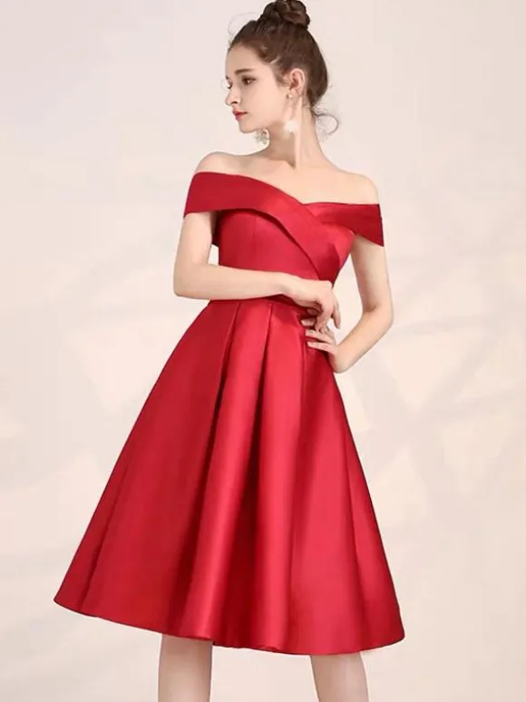 Red Cocktail Dress 2026 Satin Off Shoulder Knee Length Formal Party Dresses Free Customization
