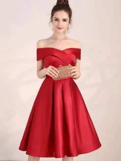 Red Cocktail Dress 2026 Satin Off Shoulder Knee Length Formal Party Dresses Free Customization
