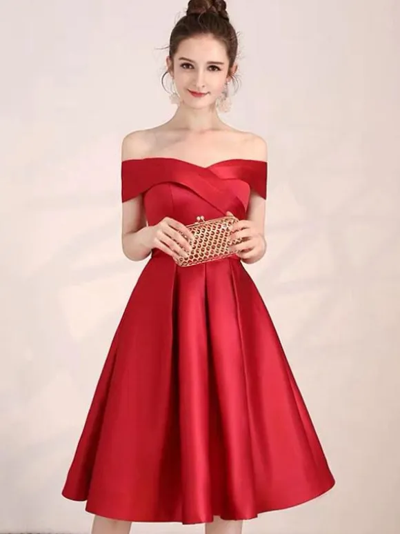 Red Cocktail Dress 2026 Satin Off Shoulder Knee Length Formal Party Dresses Free Customization