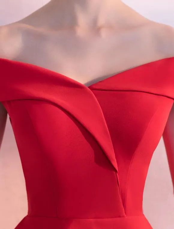 Red Cocktail Dresses Satin Off The Shoulder Short Homecoming Dress A Line Knee Length Party Dress wedding guest dress