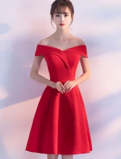 Red Cocktail Dresses Satin Off The Shoulder Short Homecoming Dress A Line Knee Length Party Dress wedding guest dress