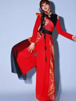 Red Dance Costumes Women's Jazz High Collar Chinese Style Dancing Wear Set