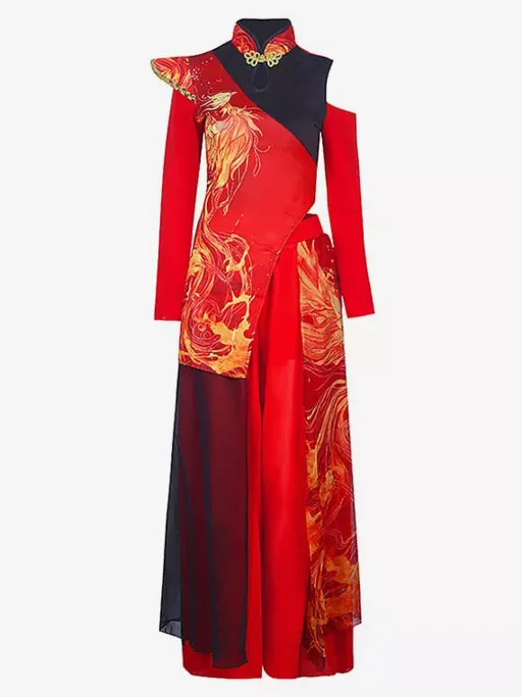 Red Dance Costumes Women's Jazz High Collar Chinese Style Dancing Wear Set
