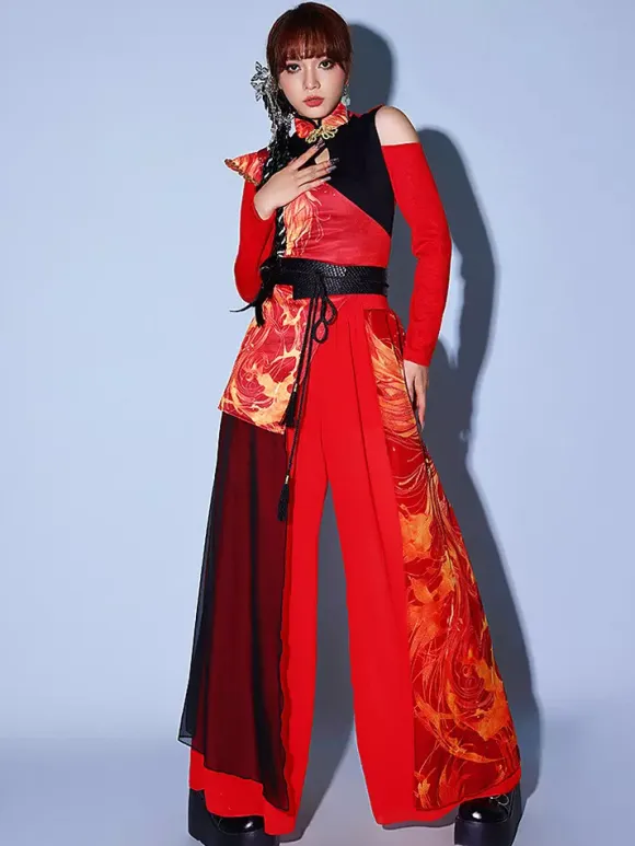 Red Dance Costumes Women's Jazz High Collar Chinese Style Dancing Wear Set