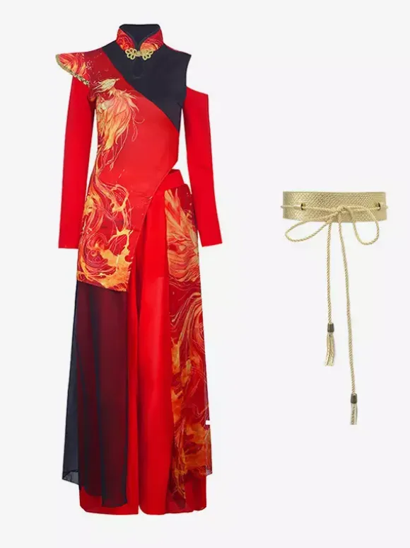 Red Dance Costumes Women's Jazz High Collar Chinese Style Dancing Wear Set