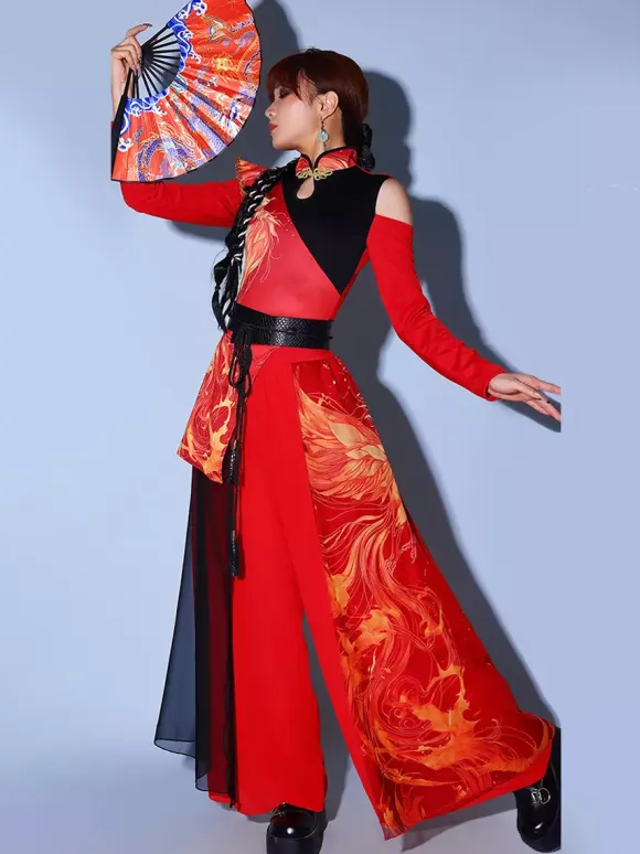 Red Dance Costumes Women's Jazz High Collar Chinese Style Dancing Wear Set