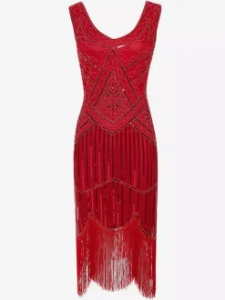 Red Flapper Dress Stripes Sequins Bead Fringe 1920s Fashion Style Outfits Great Gatsby with Tassels Costume Retro 20s Party Dress Burgundy
