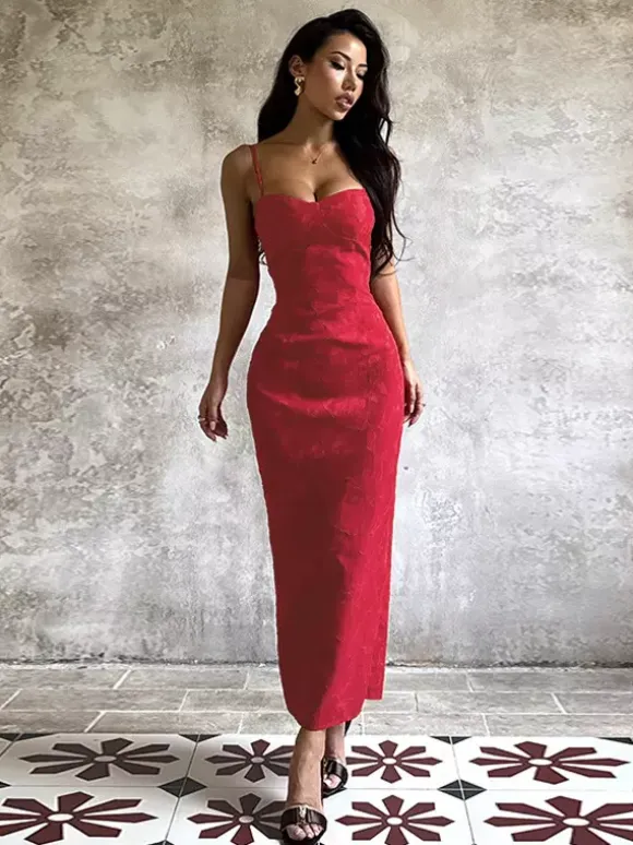 Red Floral Jacquard Maxi Dress For Women - Romantic Slim Fit Cami Dress - Summer Date Night Outfits 2026