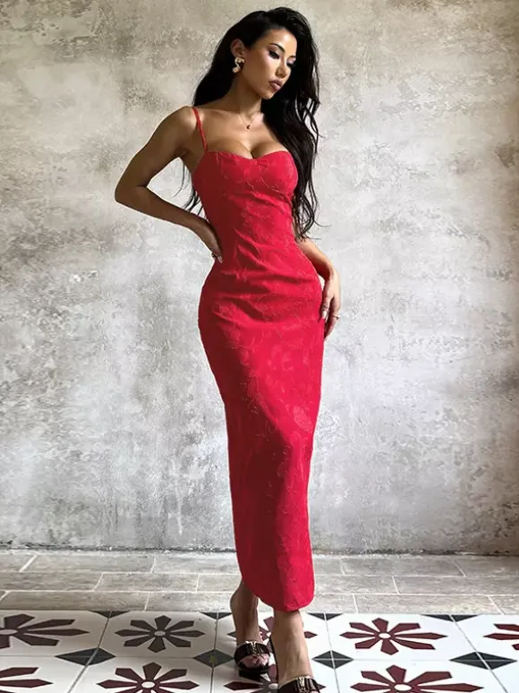 Red Floral Jacquard Maxi Dress For Women - Romantic Slim Fit Cami Dress - Summer Date Night Outfits 2026