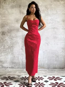 Red Floral Jacquard Maxi Dress For Women - Romantic Slim Fit Cami Dress - Summer Date Night Outfits 2026