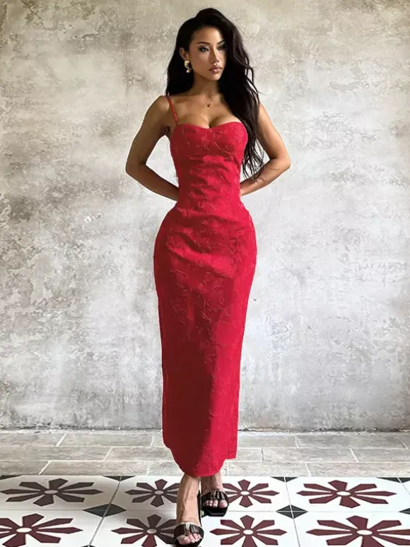 Red Floral Jacquard Maxi Dress For Women - Romantic Slim Fit Cami Dress - Summer Date Night Outfits 2026
