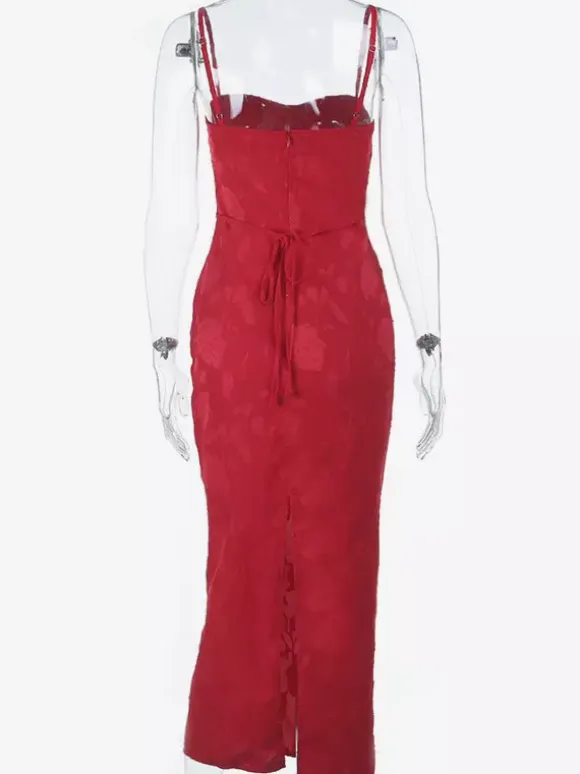 Red Floral Jacquard Maxi Dress For Women - Romantic Slim Fit Cami Dress - Summer Date Night Outfits 2026