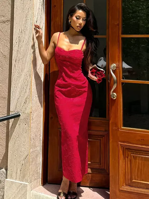 Red Floral Jacquard Maxi Dress For Women - Romantic Slim Fit Cami Dress - Summer Date Night Outfits 2026