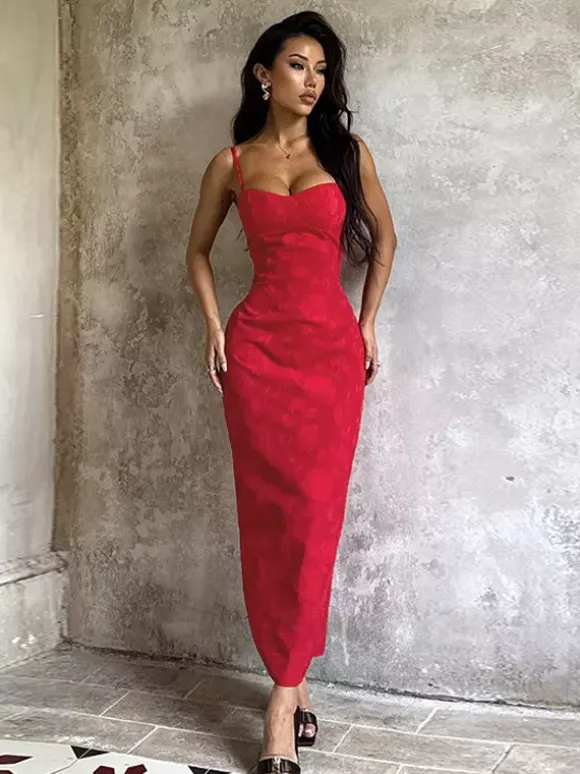 Red Floral Jacquard Maxi Dress For Women - Romantic Slim Fit Cami Dress - Summer Date Night Outfits 2026
