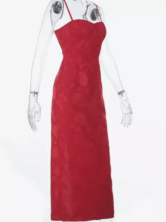 Red Floral Jacquard Maxi Dress For Women - Romantic Slim Fit Cami Dress - Summer Date Night Outfits 2026