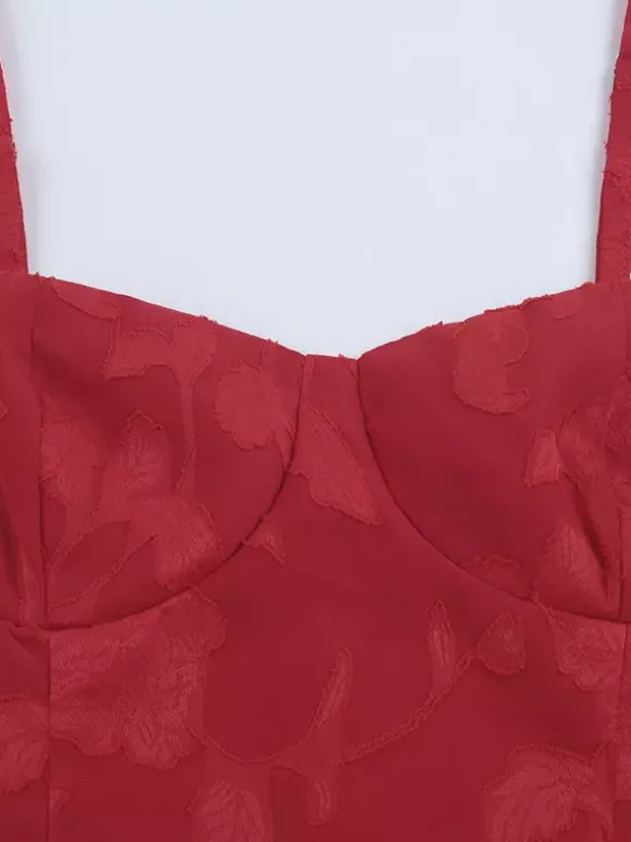 Red Floral Jacquard Maxi Dress For Women - Romantic Slim Fit Cami Dress - Summer Date Night Outfits 2026