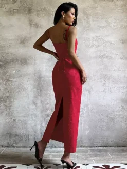 Red Floral Jacquard Maxi Dress For Women - Romantic Slim Fit Cami Dress - Summer Date Night Outfits 2026
