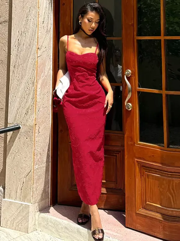 Red Floral Jacquard Maxi Dress For Women - Romantic Slim Fit Cami Dress - Summer Date Night Outfits 2026