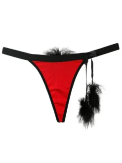 Red G String Thong Two Tone Faux Fur Pom Poms Sexy Women Panties