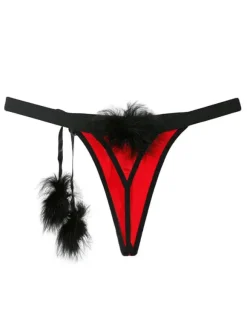 Red G String Thong Two Tone Faux Fur Pom Poms Sexy Women Panties