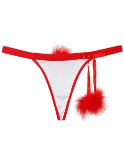 Red G String Thong Two Tone Faux Fur Pom Poms Sexy Women Panties