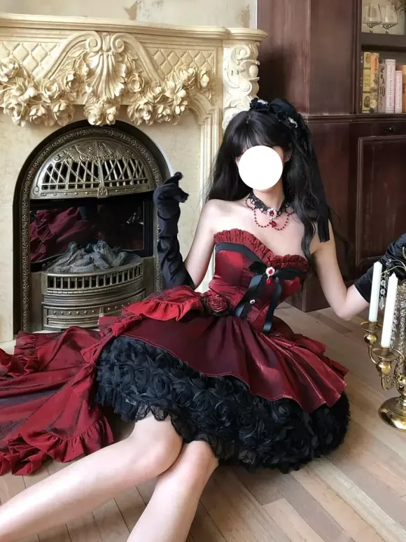 Red Gothic Lolita Dresses Spaghetti Bows Rose Short Lolita Dress With Train