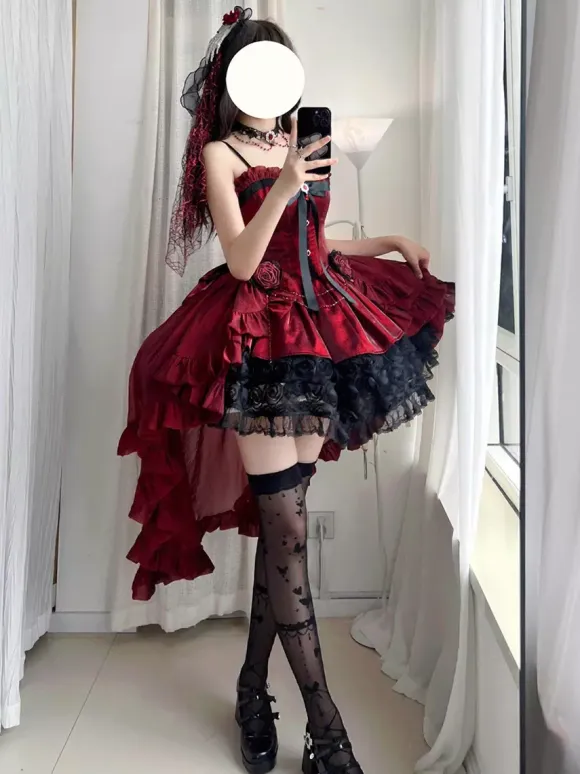 Red Gothic Lolita Dresses Spaghetti Bows Rose Short Lolita Dress With Train
