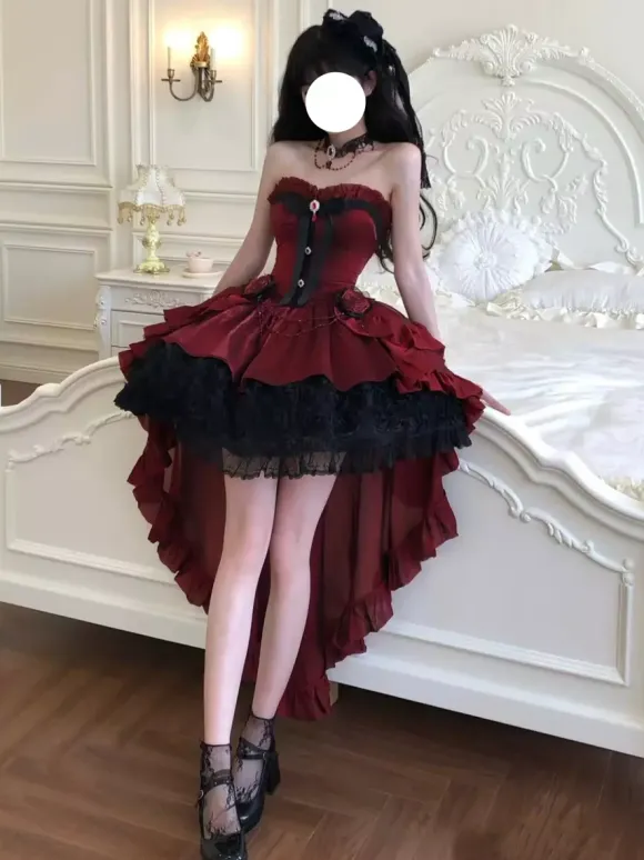 Red Gothic Lolita Dresses Spaghetti Bows Rose Short Lolita Dress With Train