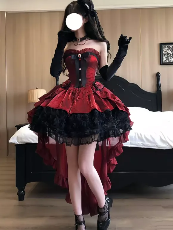 Red Gothic Lolita Dresses Spaghetti Bows Rose Short Lolita Dress With Train