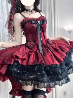 Red Gothic Lolita Dresses Spaghetti Bows Rose Short Lolita Dress With Train