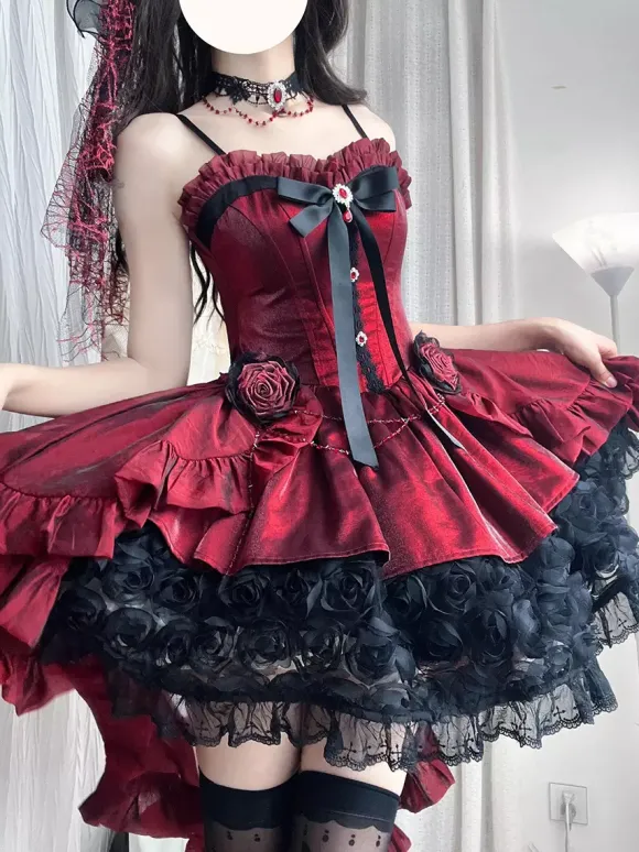 Red Gothic Lolita Dresses Spaghetti Bows Rose Short Lolita Dress With Train